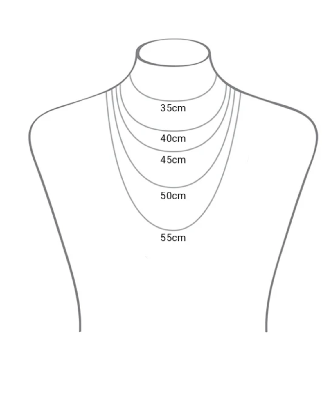 A simple black-and-white line drawing of a necklace bust with five necklaces layered on it and size labels reading 35cm, 40cm, 45cm, 50cm, and 55cm.